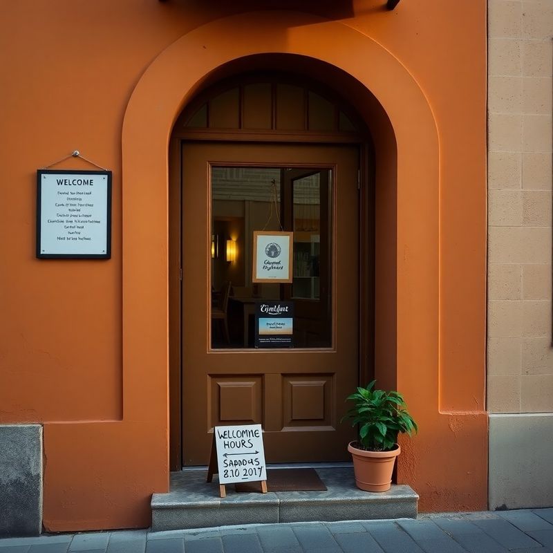 Welcoming sand-olive entrance of Mercer House with handwritten opening hours sign and a potted plant