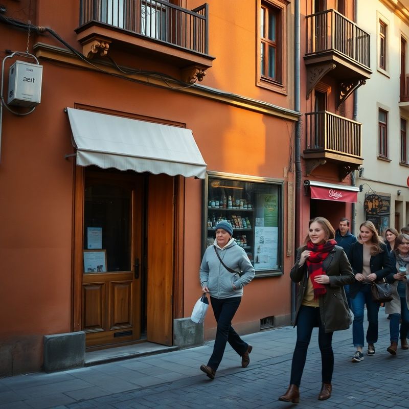 Warm sand-olive shopfront of Mercer House on Strada Mureșenilor in Brașov